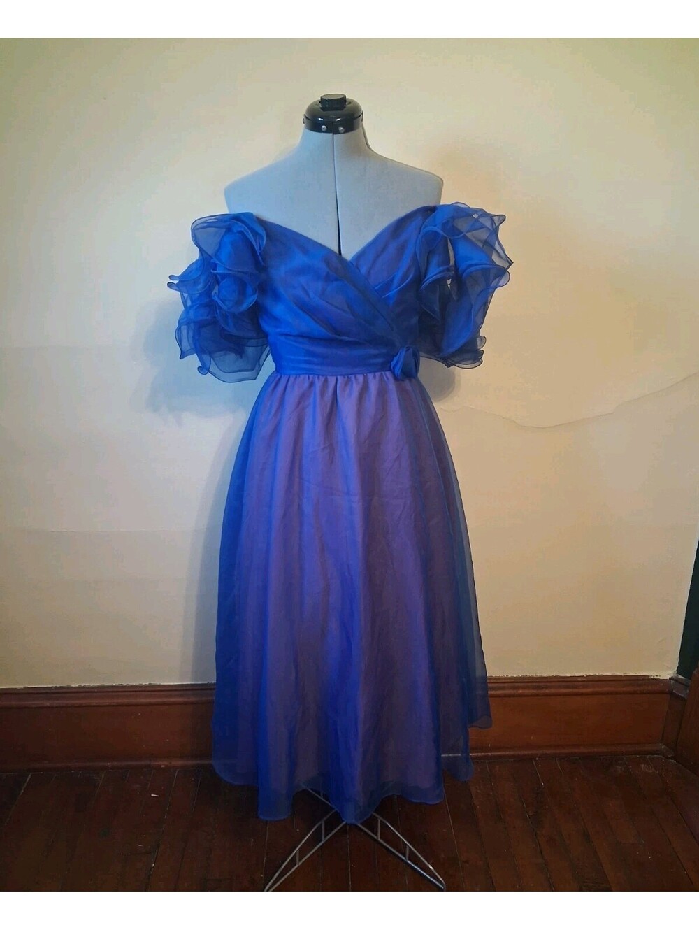 80s Vintage Prom Dress, Ruffled Blue Tea Length Sz Small Retro Elegance